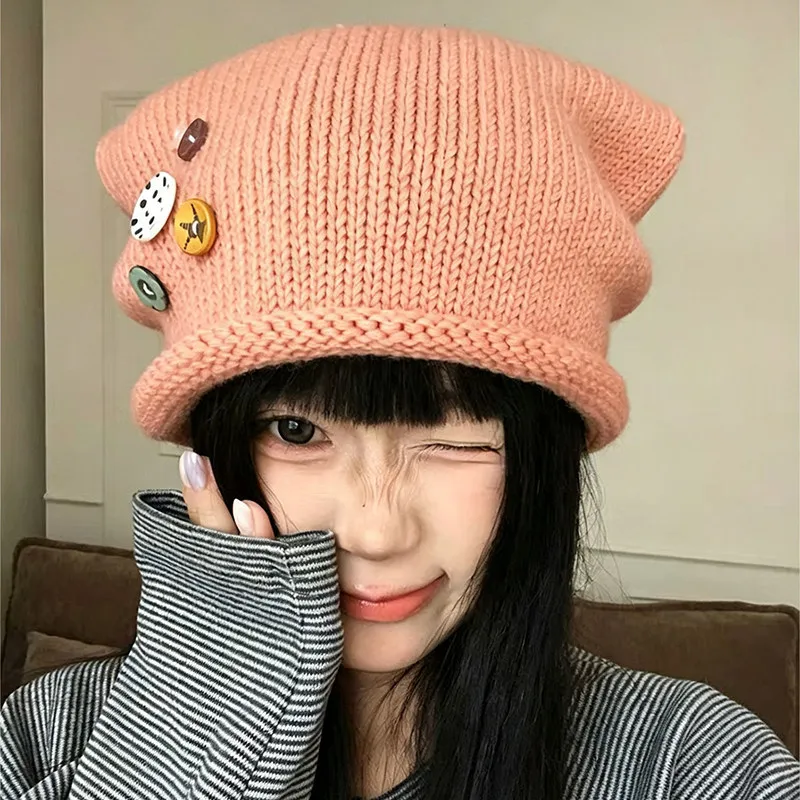 Japanische Katzenohren-Strickmütze mit Knopfverschluss für Frauen mit großem Kopf, warme Ohrenschutz-Mütze für Herbst und Winter – Detail 4