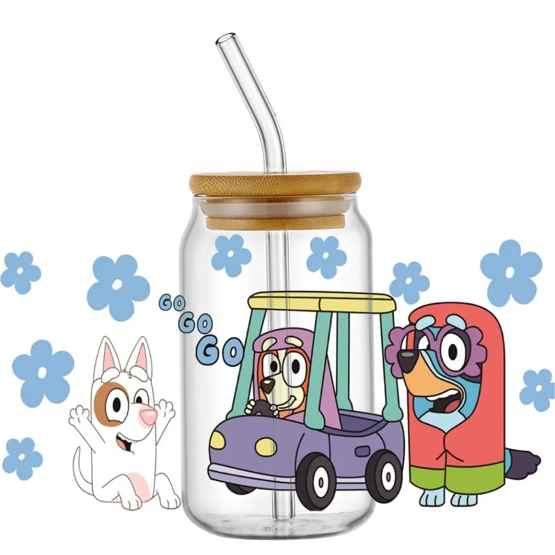 Mininstants-Autocollant de transfert rond de tasse de dessin animé 3D, étiquette personnalisée, logo bricolage, autocollant de tasse auto-adhésif, chien, étiez bey UV DTF, 16oz