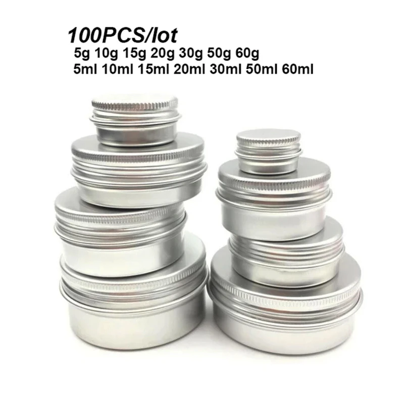 

100Pcs Aluminum Jars 5g/10g/15g/20g/30g/50g/60g/80g/100g Empty Cosmetic Tins Face Care Eye Cream Lip Balm Gloss Packaging