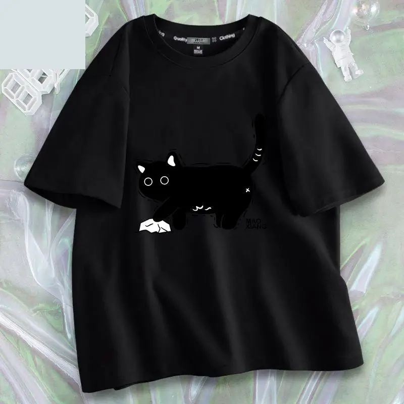 Camiseta de manga corta con Gato Negro para mujer, ropa Y2k, diseño Sense nicho Ins, Tops de algodón puro verde claro a la moda, camisetas para mujer