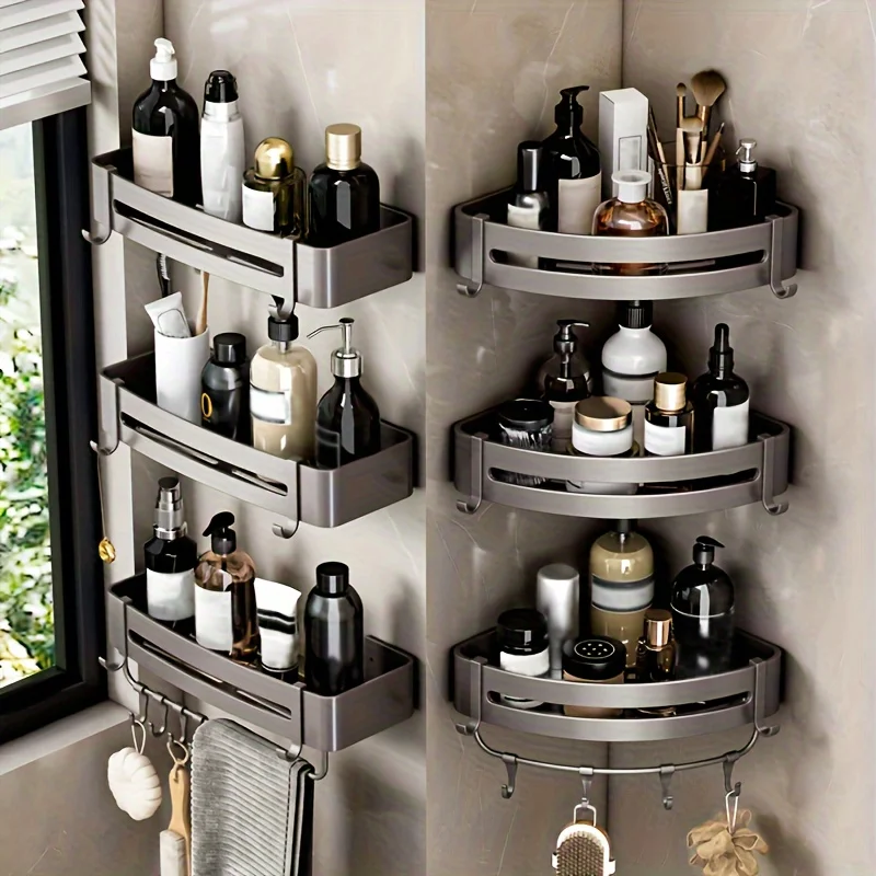 Bathroom Corner Rack Punch-Free Wall-Mounted Aluminum Shampoo Bottle Storage Waterproof Bathroom Accessories with Hook Rod