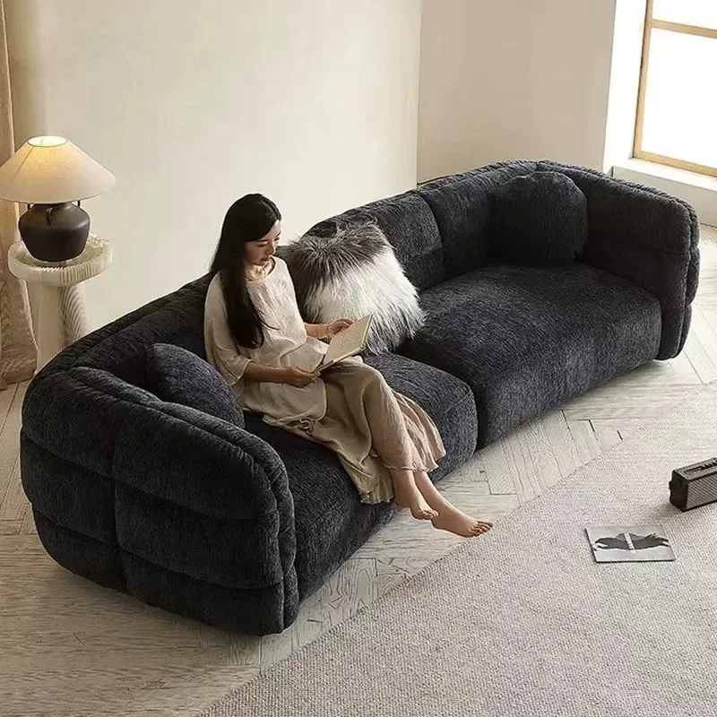 Italian Simple Chenille Fabric Sofa Straight Row Small Apartment Curved Surrounded Retro Minimalist Living Room Three Person