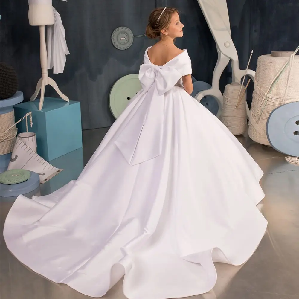 EVLAST Elegant White Satin Flower Girl Dresses Baby Girls for Wedding Party Gown Bow Tie Kids First Communion Dress TFD022