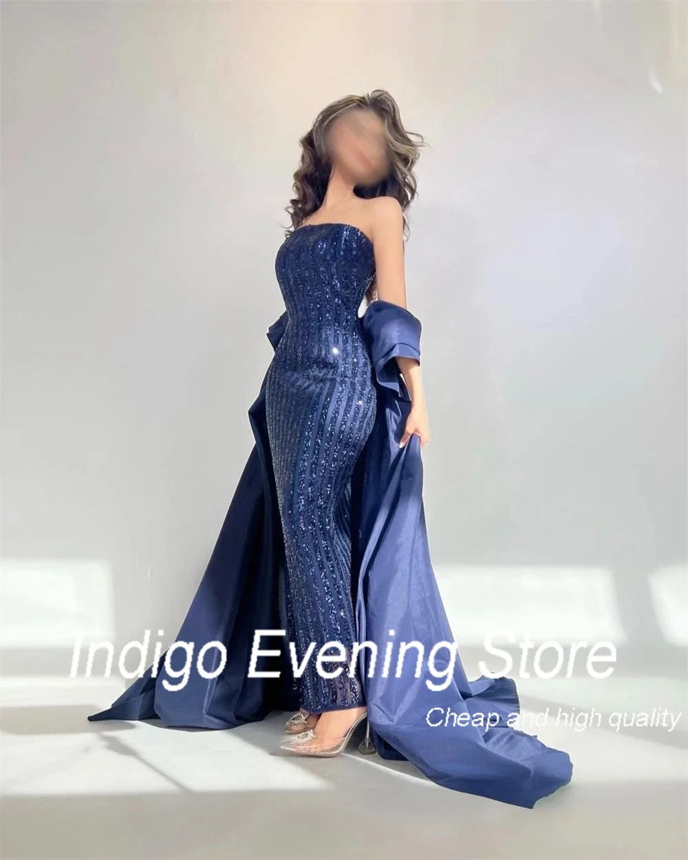 Gaun Prom Indigo Tulle gaun pesta malam Formal elegan manik-manik tanpa tali untuk wanita 2024 Robe De Princesse Femme Soiree