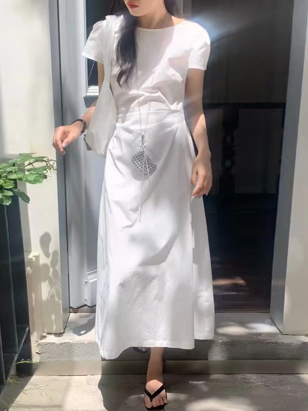Vestido Corto de Verano Estilo Coreano con Cintura Ajustada y Manga Corta para Mujer, Hermoso Vestido Largo en Línea A con Fa...
