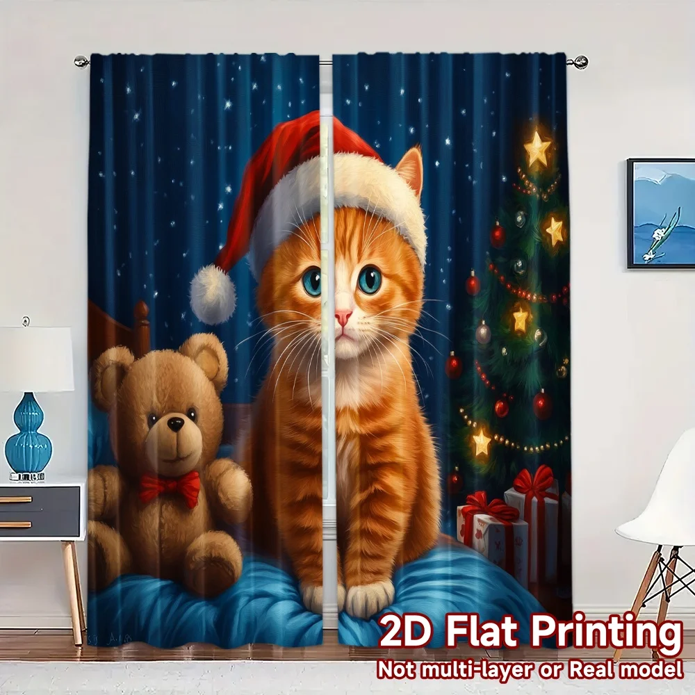 2pcs,Curtains Cute Kitten Christmas Bed Popular Light Filtering Curtains Yarn Curtains Room Decor for Living Room, Home