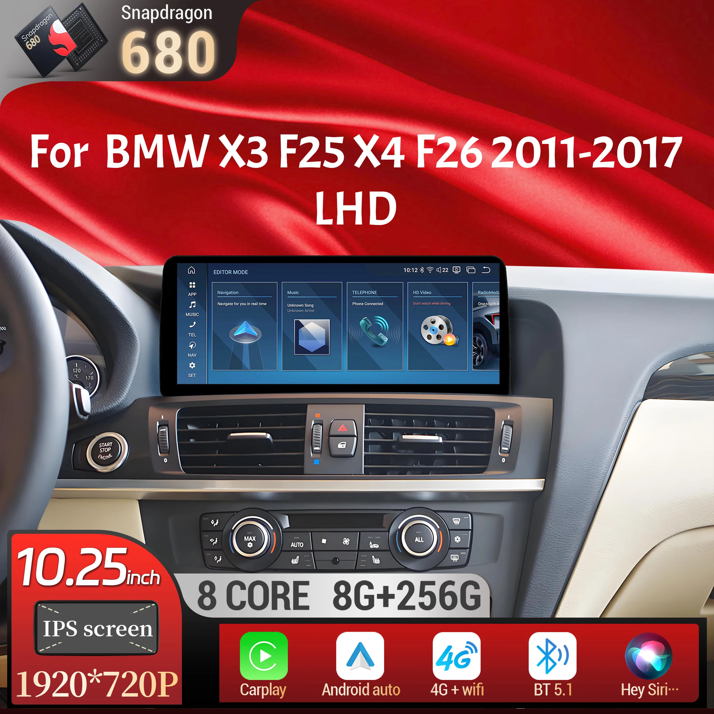 10.25 inch Left Hand Drive Android 13 For BMW X3 F25 X4 F26 2011-2017 Car Radio Wireless BT Carplay Snapdragon 680 Touch Screen