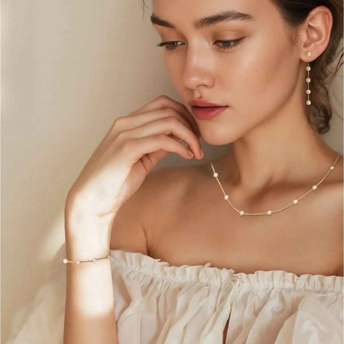 

Elegant Simple Pearl Shell Natural Stone Bead Gold Plated Jewelry Stainless Steel Pearl Choker Necklace Bracelet Set for Women