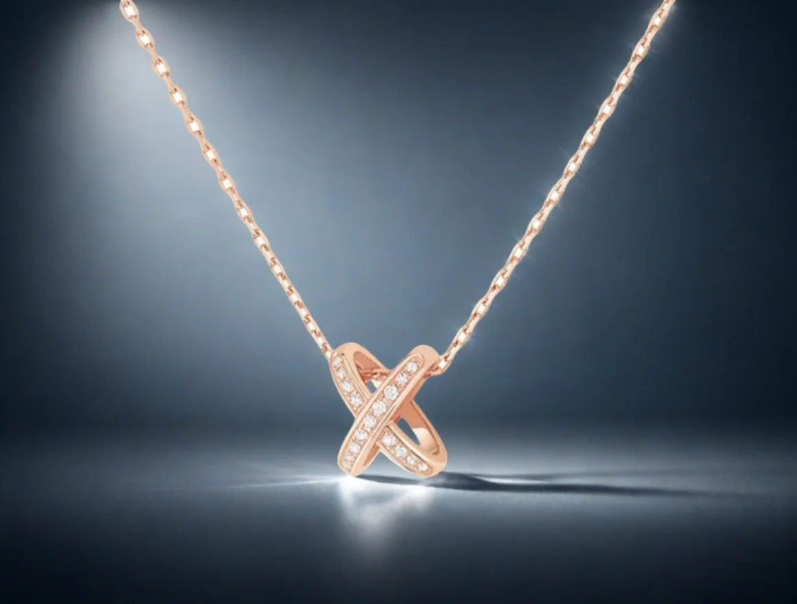 

Twin winding rose gold double ring diamond set X pendant s925 cross staggered design temperament high-end Valentine's Day gift