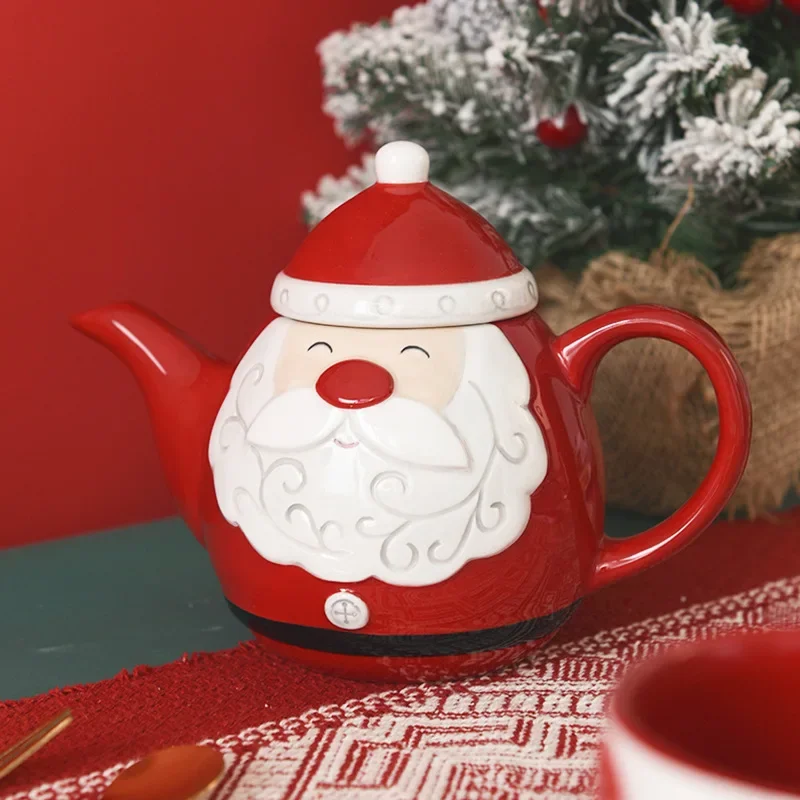 

Santa Claus Ceramic Coffee Cup Saucer Teapot Creative Relief Afternoon Tea Cup and Saucer Teaware Set Christmas Gift