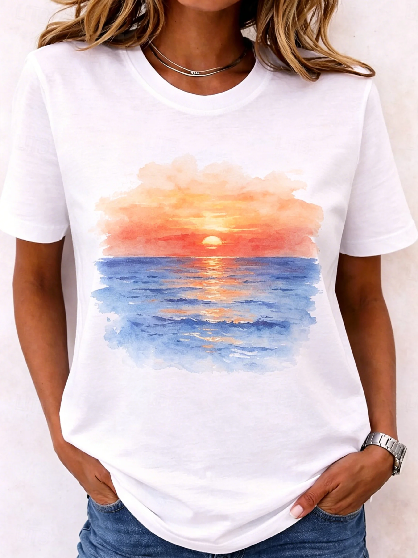 Women's Sunset Ocean Watercolor Graphic Round Neck T-Shirt, Short Sleeve Casual Tops, White Daily Wear for Spring & Summer