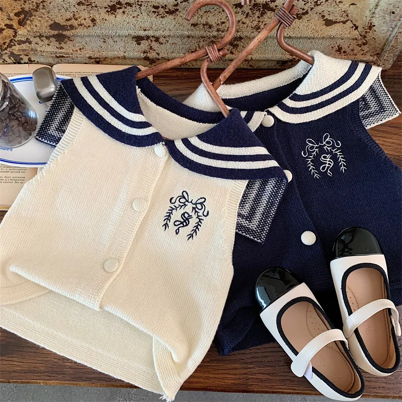 

2025 Autumn Kids Girl Knitwear Striped Navy Collar Embroidery Infant Babys Girl Waistcoat Loose Toddler Girl Sleeveless Cardigan