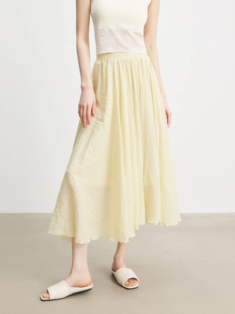 

Annata Yellow Linen A-Line Midi Skirt Women's Summer Full Swing Skirt High Waist Commute Sle Cotton Blend Skirt