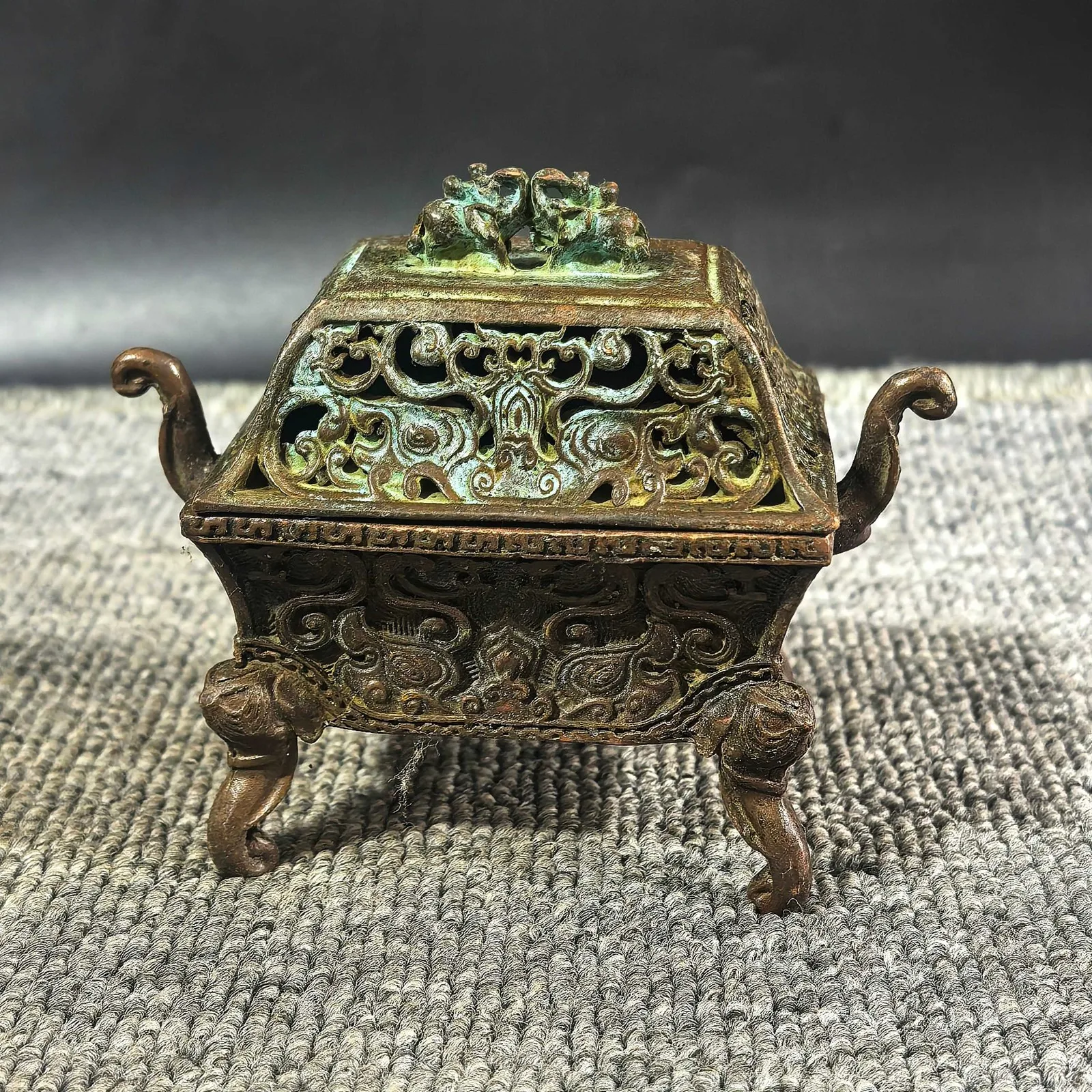 Antique Openwork Relief Bronze Censer Two Handles Four Legs