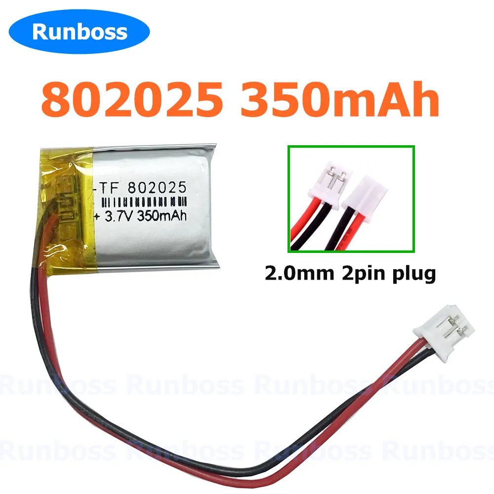 1-10Pcs 3.7V 350mAh Polymer Lithium Battery 802025 2.0mm 2pin For LED Lamp Beauty Device Camera Watch Recorder Bluetooth Speaker