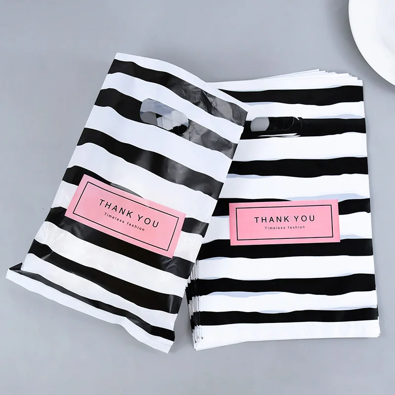 50Pcs/lot Black & White Striped Bags Packaging Gift Small Plastic Jewelry Thanks You Shopping Bags For Shop