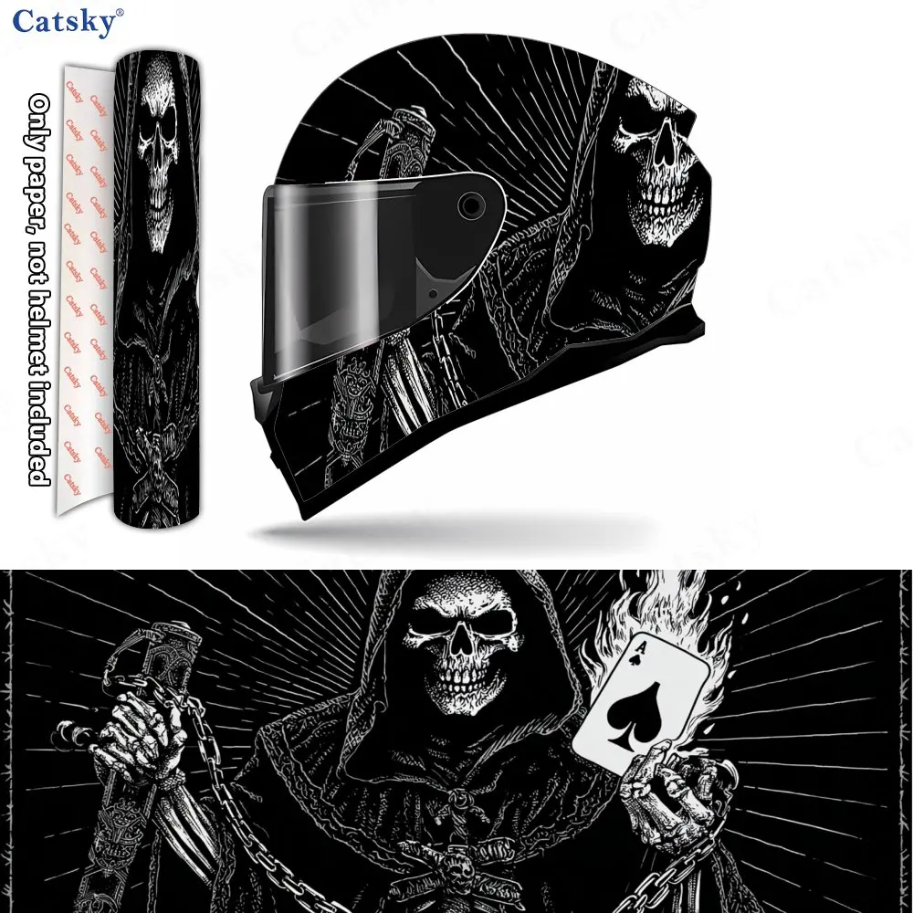 Grim Reaper Poker Flames Helmet Vinyl Wraps, Waterproof Scratch-Resistant Full Face Helmet Decals, Durable PVC Artistic Design,