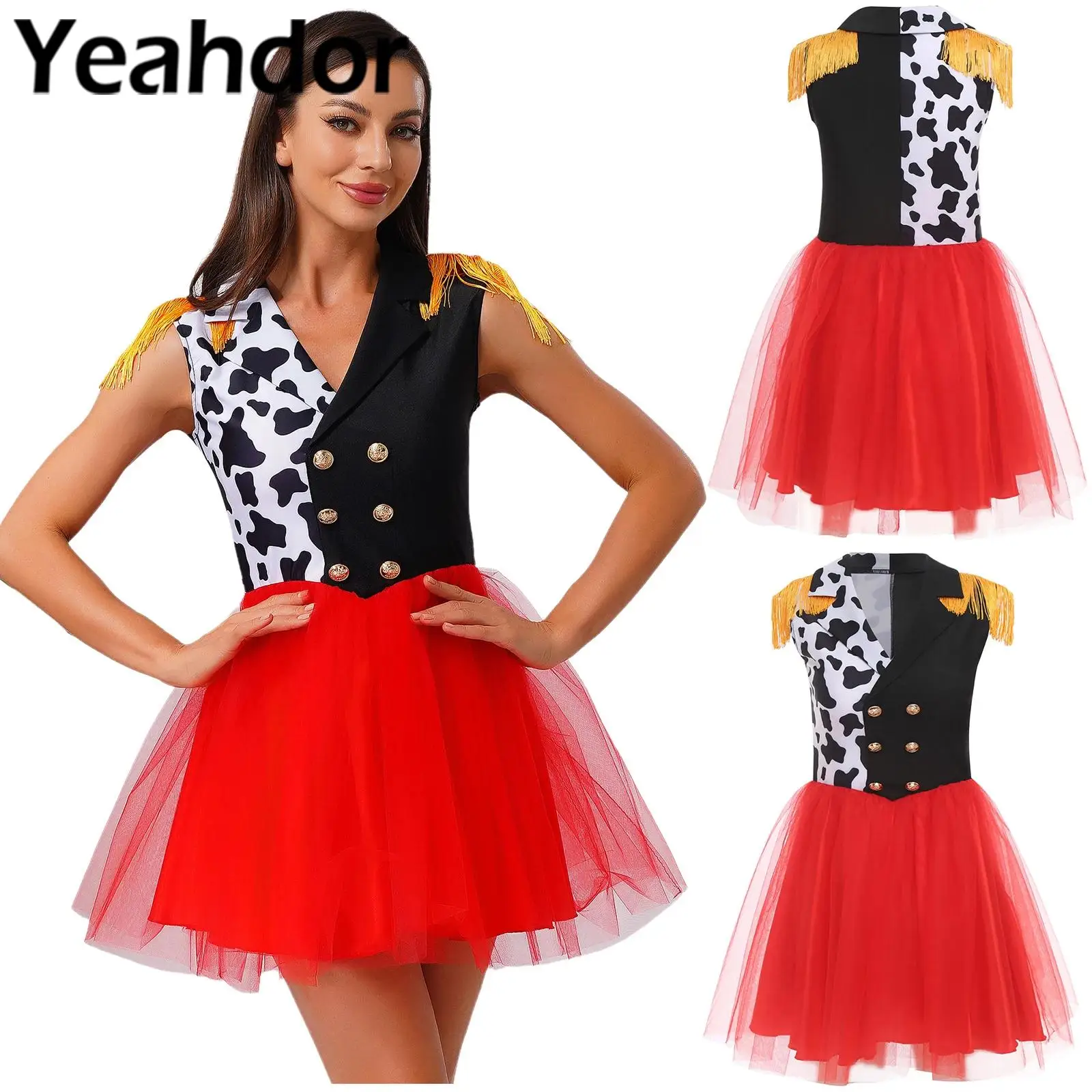 

Womens Killer Clown Circus Ringmaster Cosplay Costume Halloween Themed Party Dress Tassel Epaulets Tulle Hem Carnival Dress Up