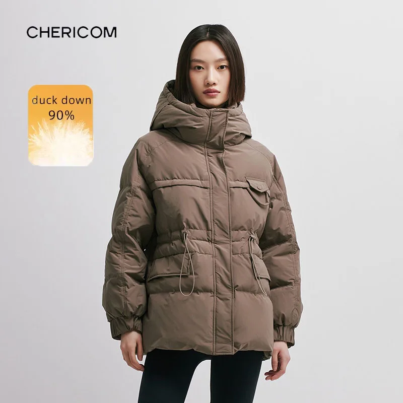 Chericom Dames Korte Puffer Donsjack Winter Trekkoord Taille Slim-fit Donsjack Kantoor Dame Mode Puffer Jassen Y298088Y