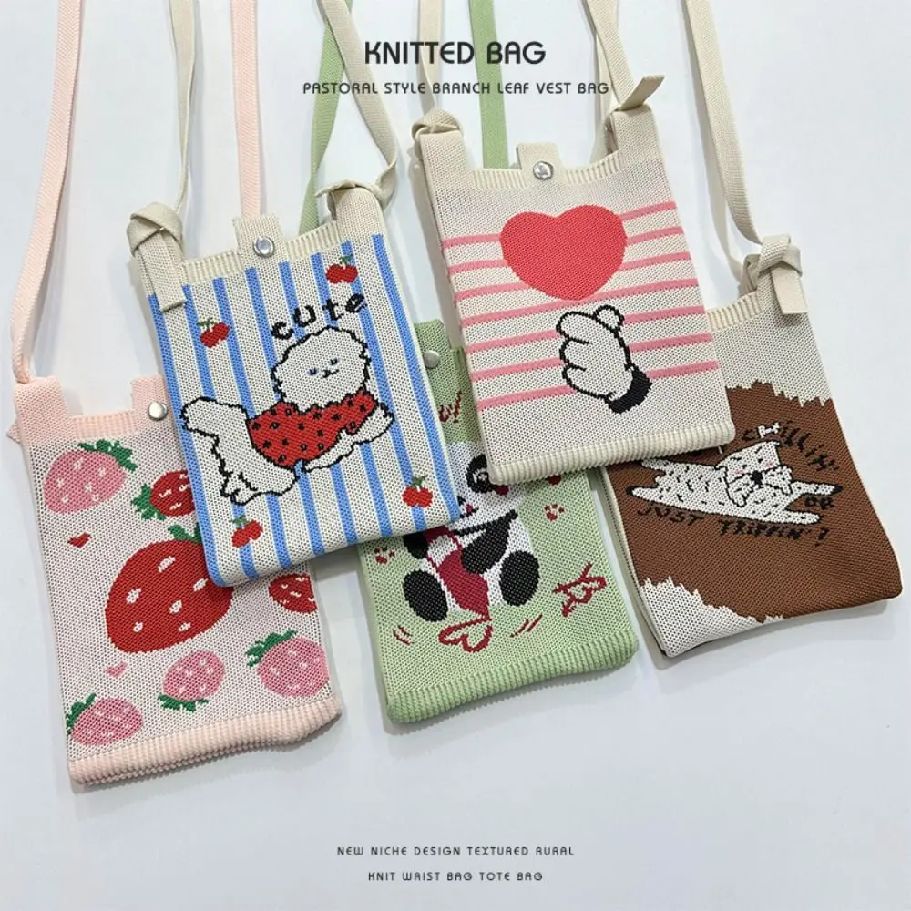 Knot Wrist Bag Handmade Knitted Phone Bag Female Simple Handbag Shopping Tote Cartoon Embroidery Large Capacity Crossbody Bags