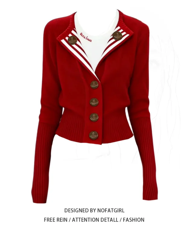 

Новый женский вязаный кардиган оверсайз Cisas Aosphere с красным воротником, осенне-зимний, с завышенной талией, без застежки