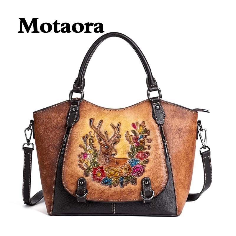 MOTAORA Chinese Style Cowhide Women\'s Tote Bag Miss Vintage 3 Color Large Capacity Handbag Female Genuine Leather Handmade Bags