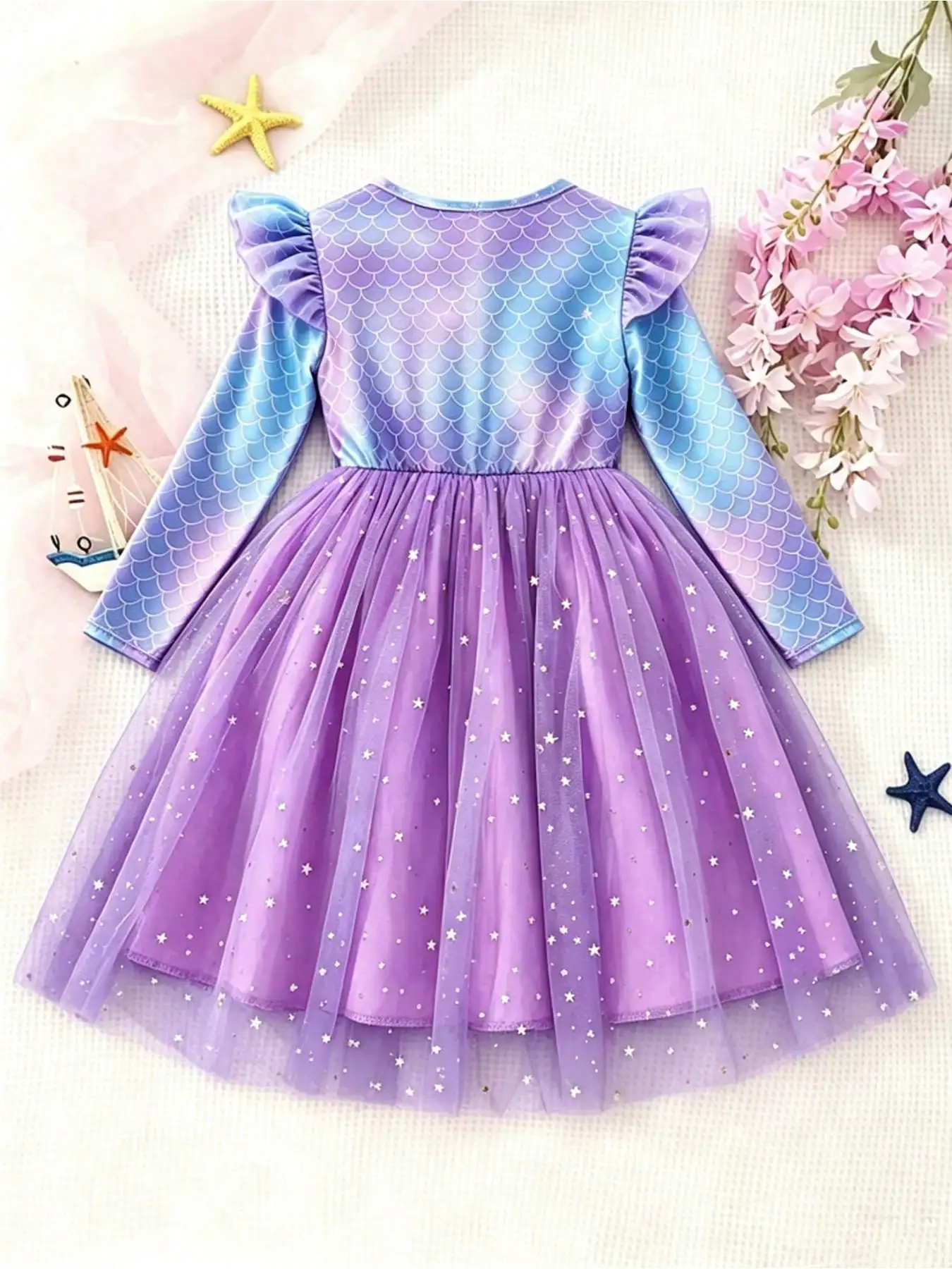 Children's Geometric Pattern Long Sleeve Dress Autumn Casual round Neck Waist Cinched Bow Mesh Knee High Skirt