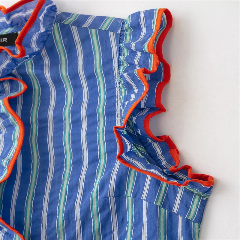Camisa feminina azul com listr - Shirt Camp Collar avaliação e preço