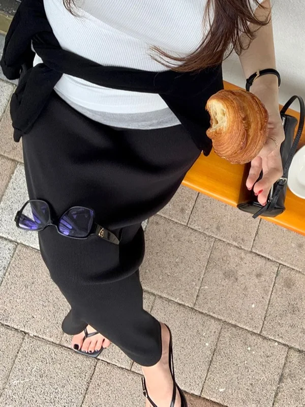 

Ele High Waist Straight Tube Long Skirt Women's Chic Elastic Waist Slimming Soft Simple Personali Match All Cotton Skirt