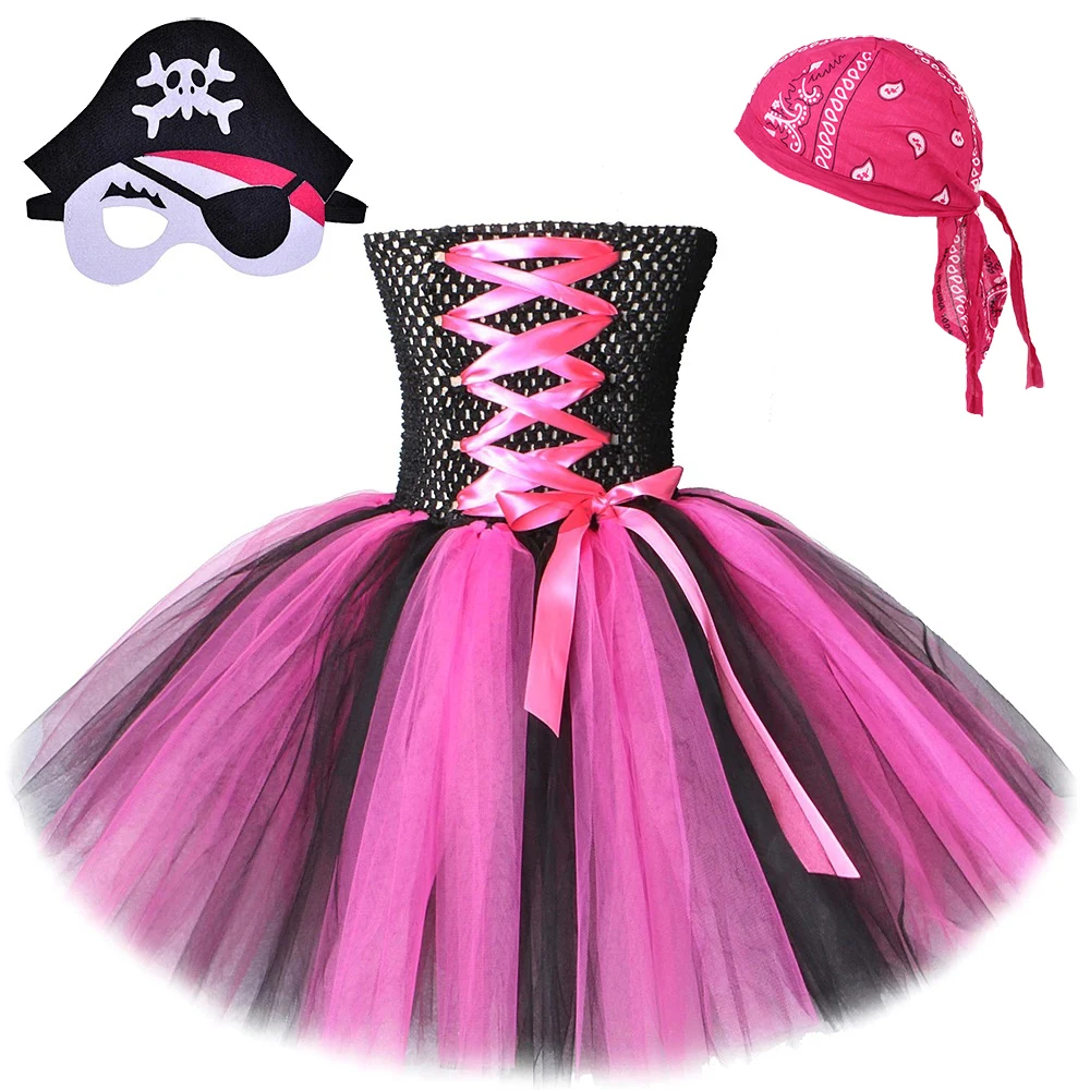 Hot Pink Black Pirate Costumes for Girls Christmas Halloween Tutu Dress for Kids Carnival Party Fancy Outfit with Mask Headband