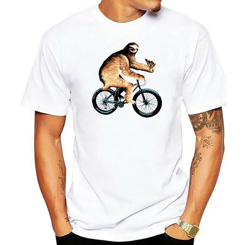 Sloth Riding A Bicycle Eating Pizza Tee, Fatbike T Shirt Men Black Short Sleeve Cotton Hip Hop T-Shirt Print Tee Shirts