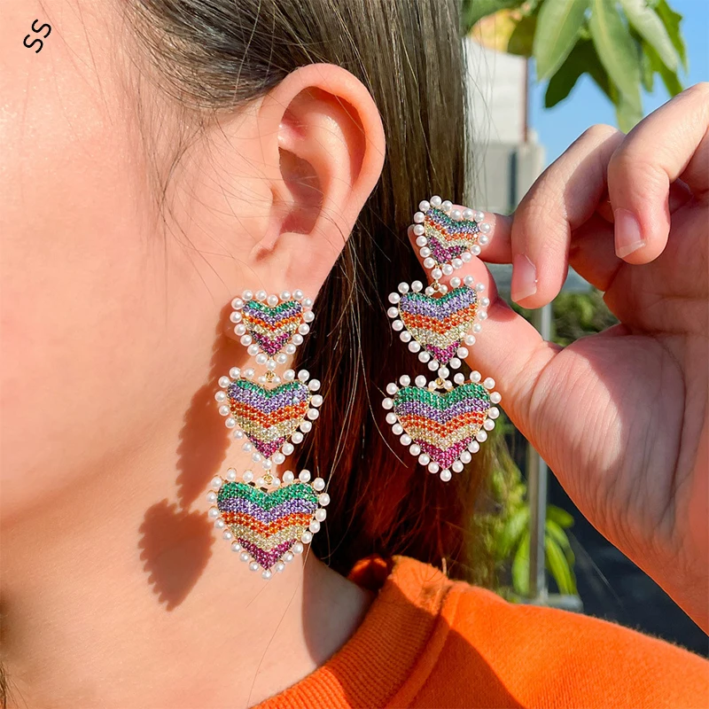 

Sweet Girl Garment Accessories Colorful Zircon Gemstone Earrings Love Heart Design S925 Needle Copper Plated Apparel Decoration