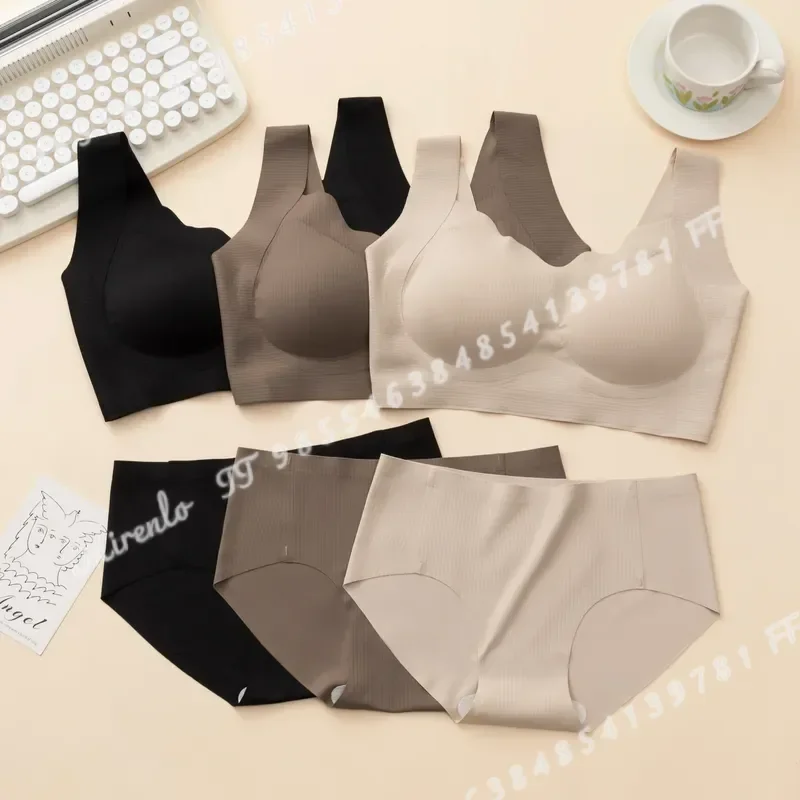 3 Sets Ribbed Wireless Wide Strap Bra and Matching Seamless Brief Lingerie Set for Women Comfortable Everyday Underwear