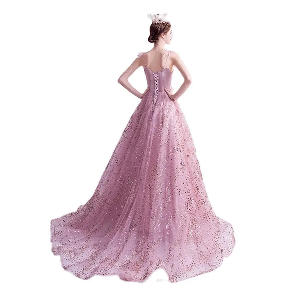 Vestido De noche largo y elegante para mujer, vestidos De fiesta con corte en A, con tirantes finos, lentejuelas brillantes, color rosa, 2020