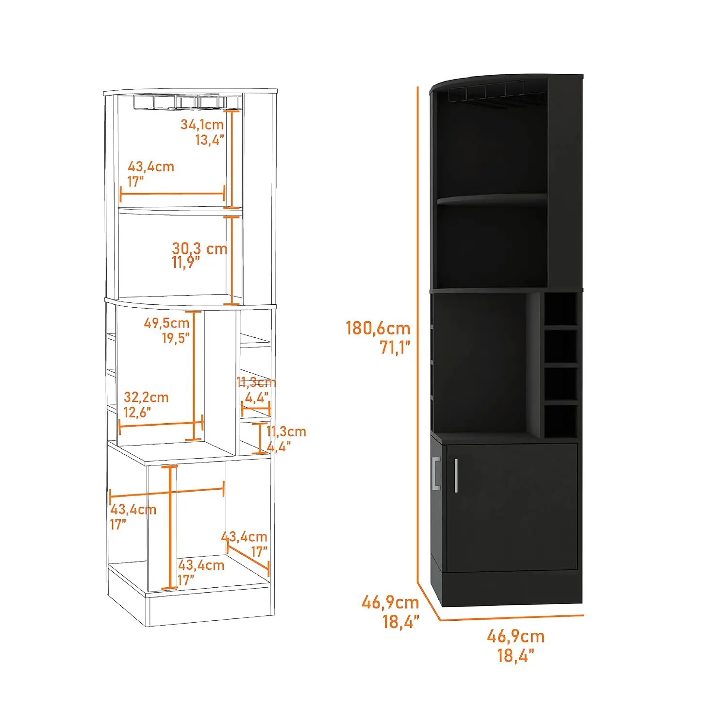 Corner Bar Cabinet 8 Wine Racks Glasses Holder Tall Liquor Storage Farmhouse Sideboard Doors Open Shelves Black, Customized