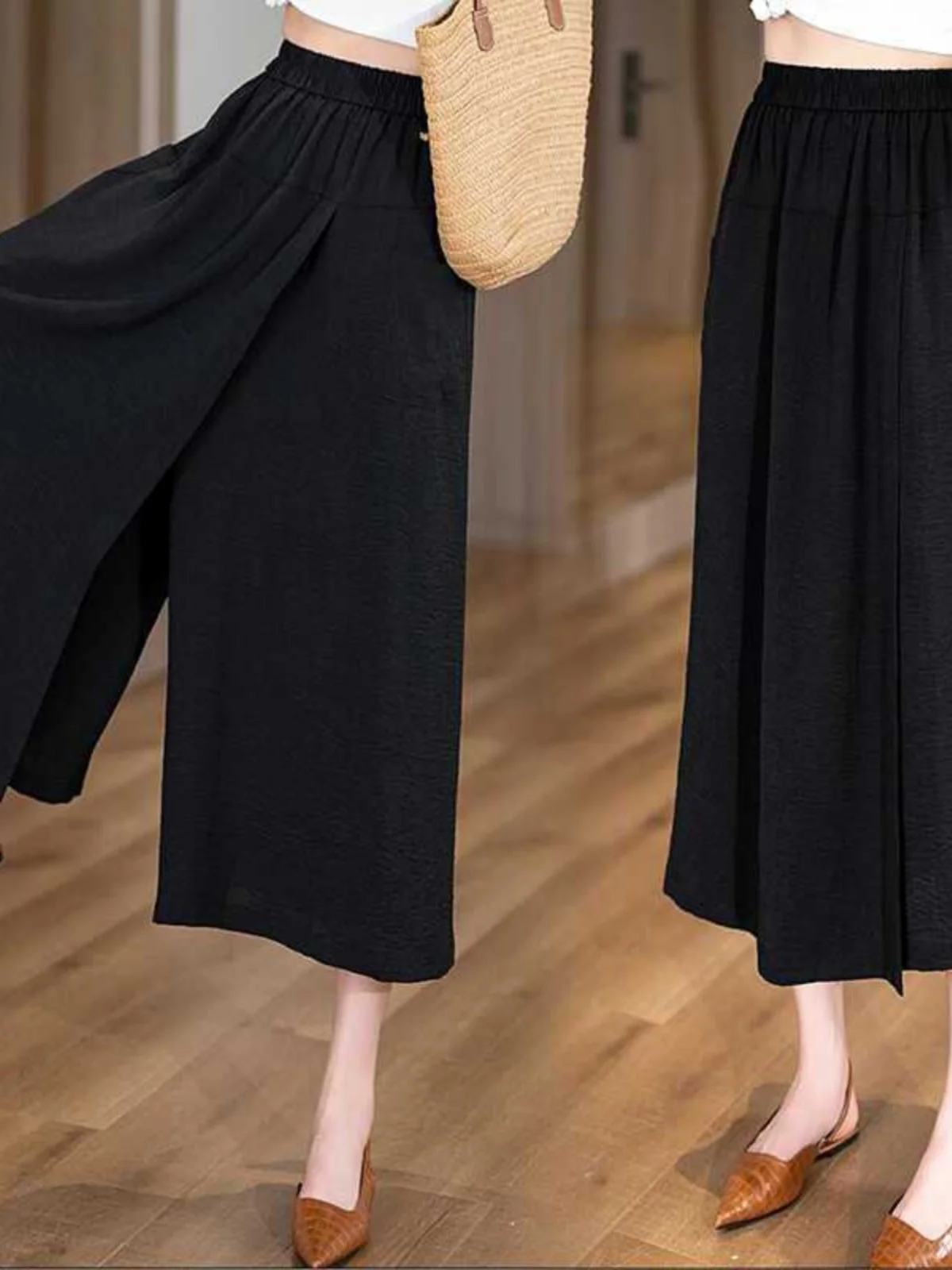Summer Thin High Waist Slit Loose Women's Wide Leg Pants Seven-Foot Casual Skirt Pants Slimming Effectiveness Lightweight