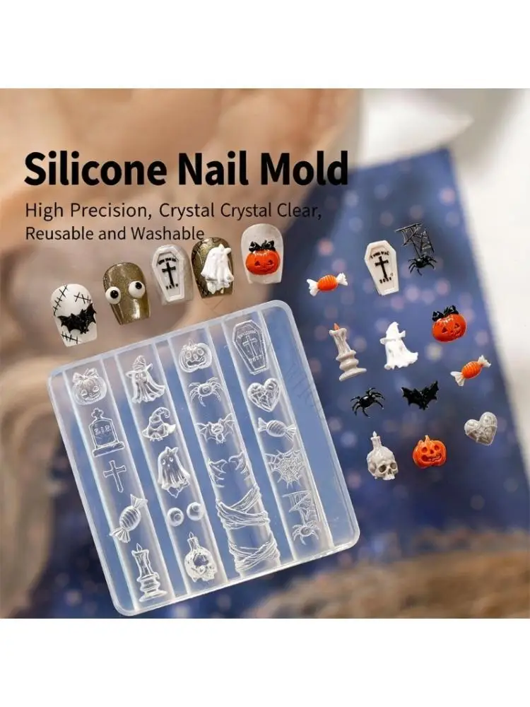 R7UF UV Gel Resin Mold for Halloween Mini Charms, Clear Tray with Bat Web Candy Tombstone Skull Cavities for DIY Phone Case Use