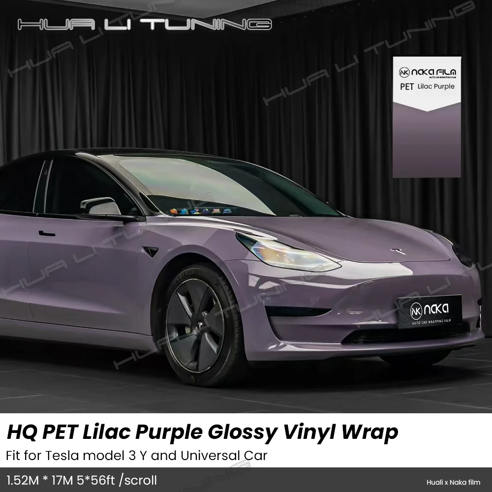 

Lilac Purple Glossy Vinyl Wrap For Tesla Model 3 Model Y etc. LowTack Glue 1.52*17M/Roll 5x56ft Air Bubble Free PET Auto Film