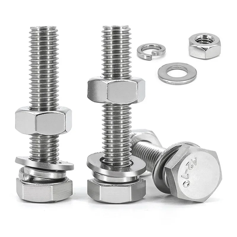 304 Stainless Steel Hex Head Screws Nuts Flat Washers Lock Washers Set Bolts and Nut Set M6 M8 M10 Extended Screw Combination