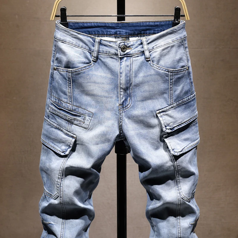 الشارع مصمم الأزياء الرجال الجينز الرجعية الأزرق تمتد سليم صالح متعدد جيوب الدنيم البضائع السراويل Hombre تقسم الهيب هوب السائق الجينز