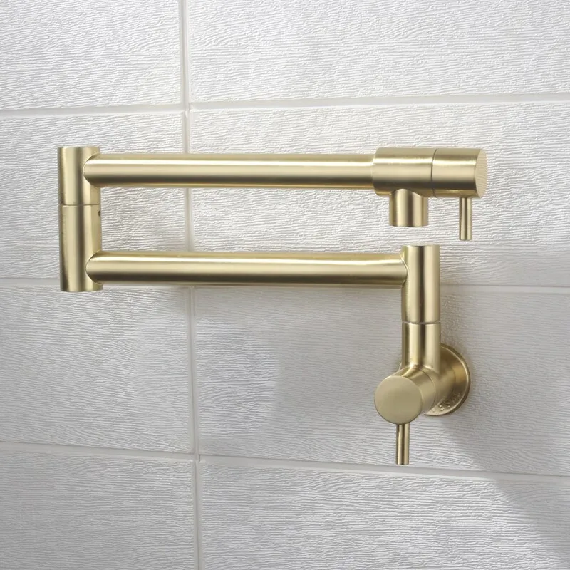 Brushed Gold Double Switch Stove Faucet Kitchen In-Wall Folding Spout Single Cold Water Tap Mop Sink Extension Pot Filler Faucet