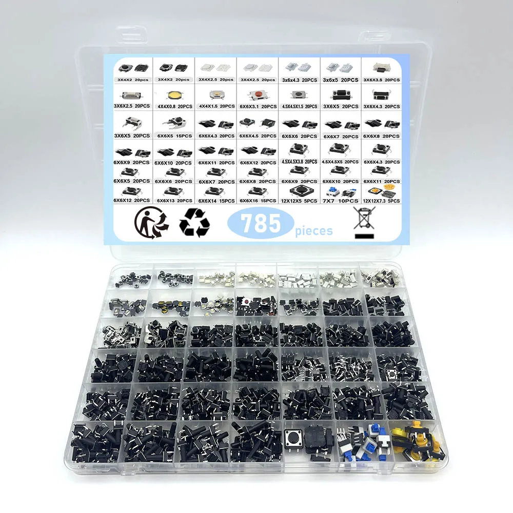 

785 шт., 42 значения, тактильный кнопочный переключатель SMD, микро мгновенный тактовый переключатель, набор для автомобильного пульта дистанционного управления с коробкой