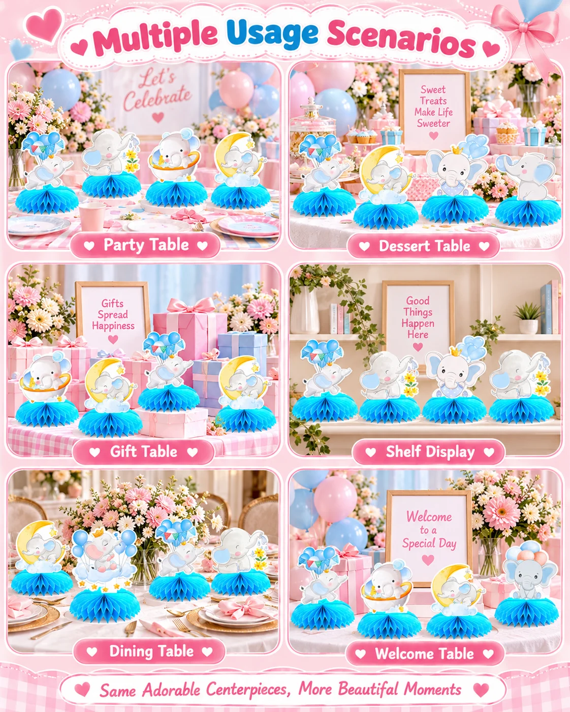 8 Stück Blaue Elefanten Waben-Tischdekoration 3D Tier Party DIY Dekorationen für Geburtstag Babyparty Partyzubehör – Detail 4