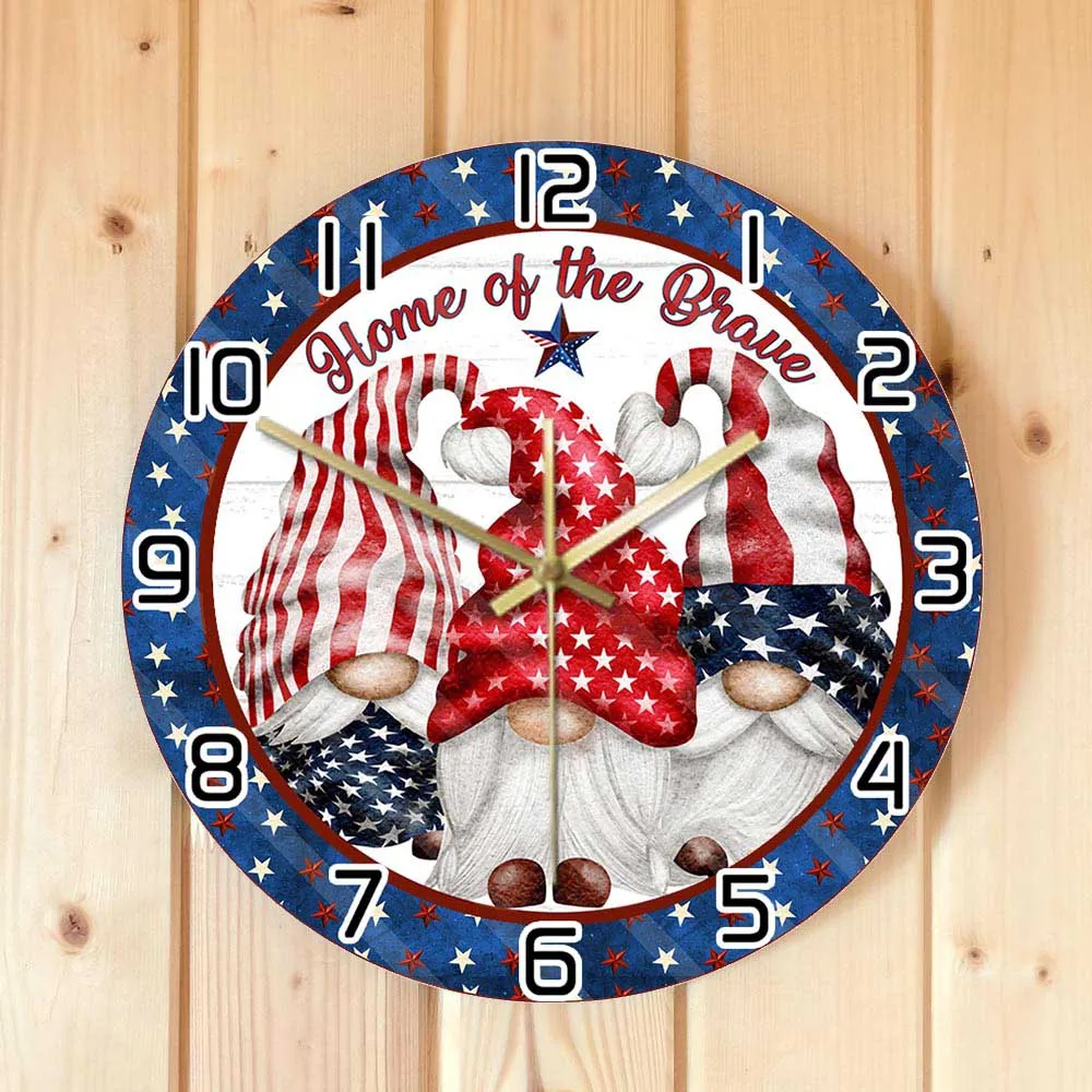 Home Of The Brave American Patriotic Wall Clock USA Gnome Freedom Artwork Decorative Silent Wall Watch Independence Day Gift