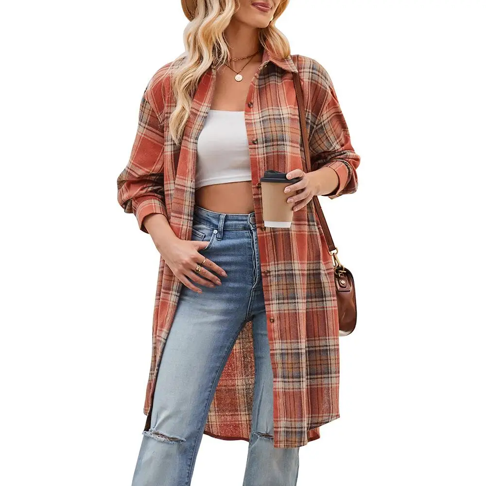 

Faionable Long Loose Plaid Coat 2023 Autumn Winter New Arrival Women's Casual Wear Cross-Border Sle Ele irt