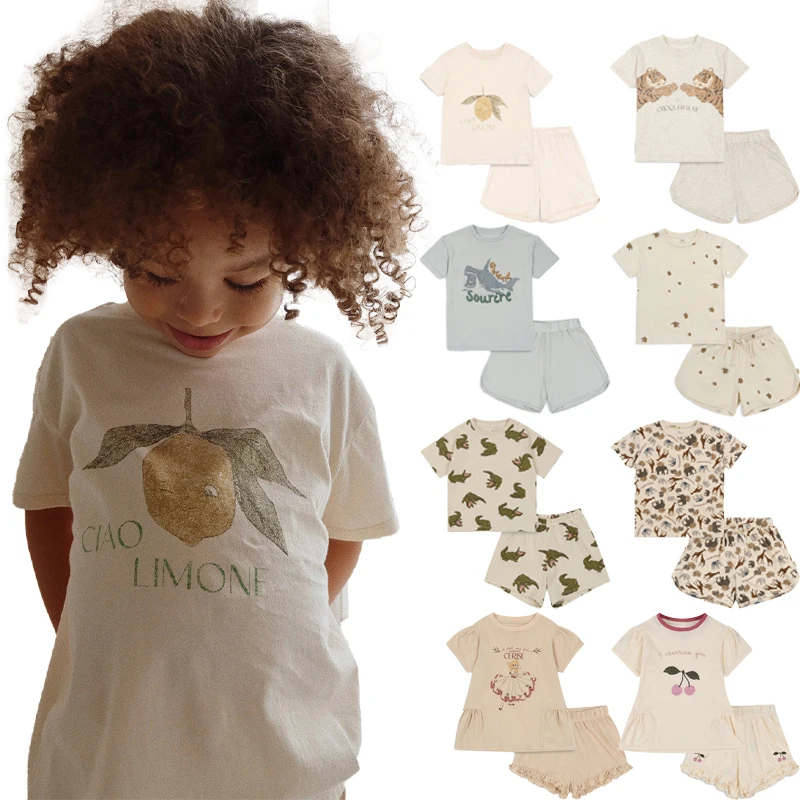 2024 New Summer Children's Clothing Set Cherry Animal Print Girls' Clothing Casual Boy T-shirt and Shorts Set Kids Leisure Wear