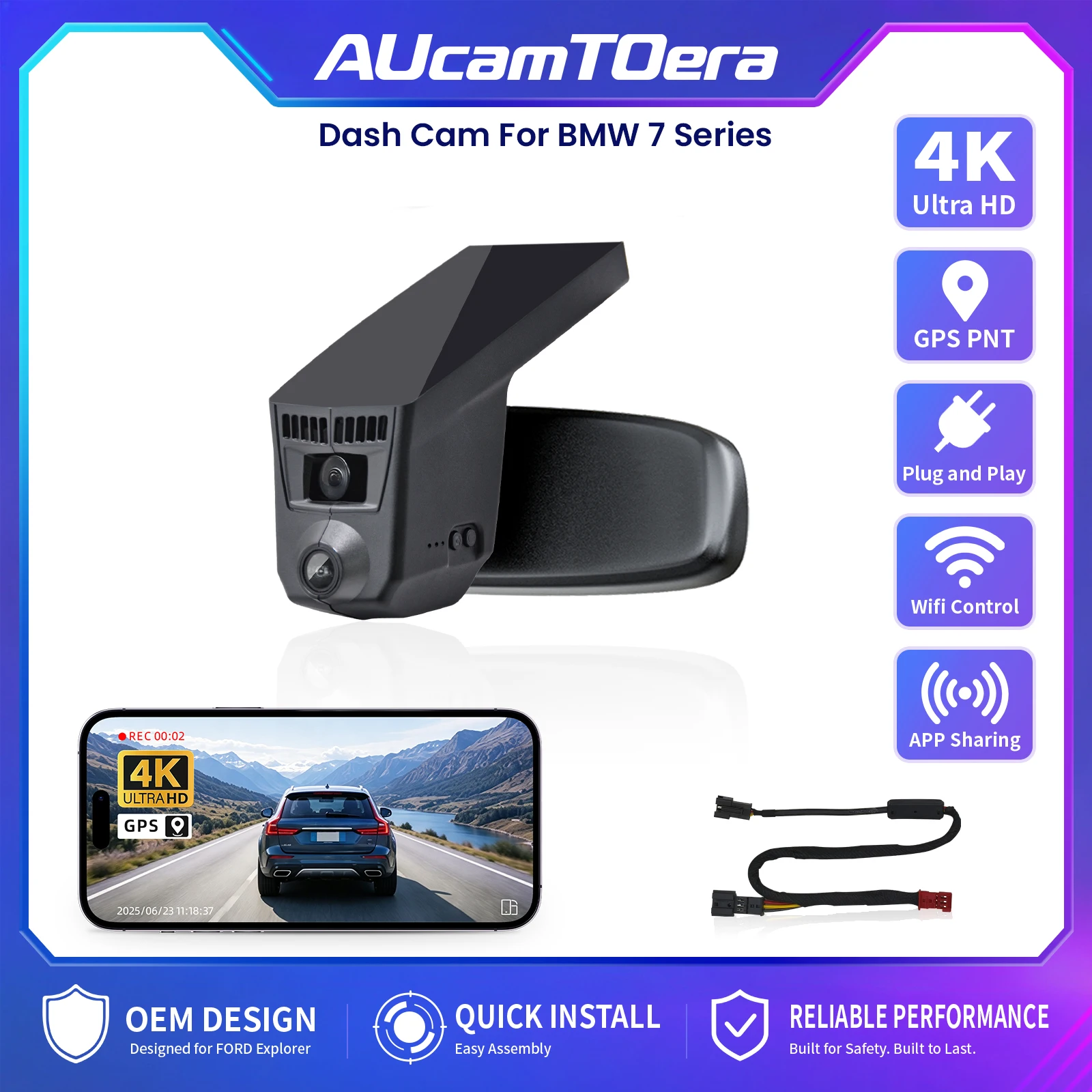AUcamTOera 4K Dash Cam For BMW 7 Series Gen5 F01 F02 F03 F04 Dash Car Camera WiFi & APP GPS DashCam Plug and Play 2013-2015