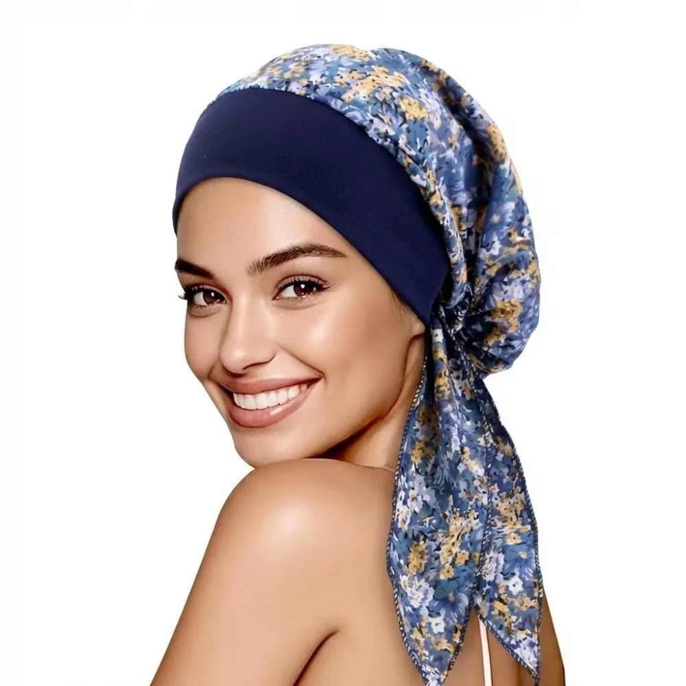 Flower Print Muslim Hijab Hat Long Tail Design Elastic Fabric Chemo Beanies Cap Soft Material Adjustable Fit Bandanas Hat