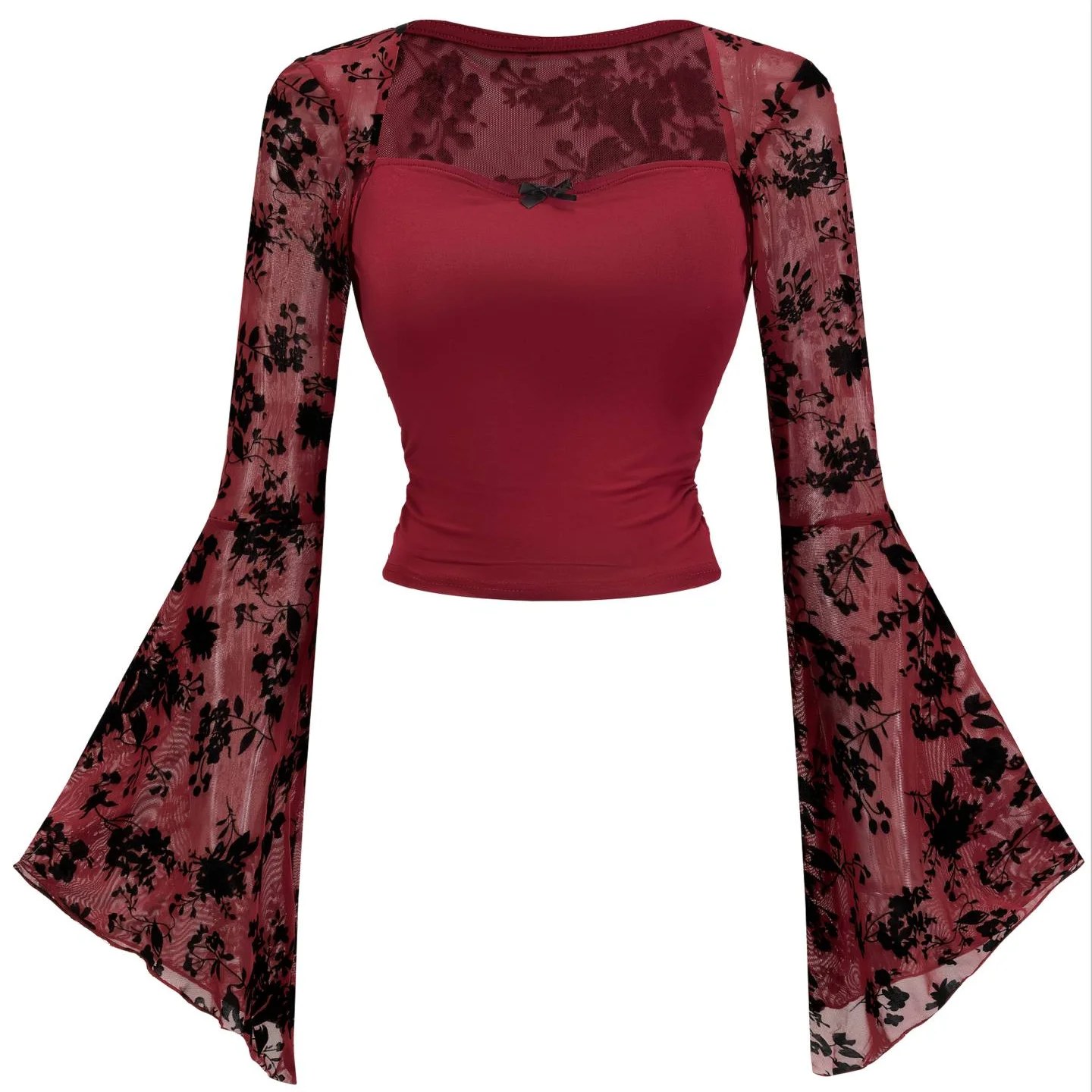Gothic Sexy Lace Mesh Flared Long Sleeve Smock Y2K Vintage Black See Through Cover-ups T-Shirts Grunge Summer Women Streetwear