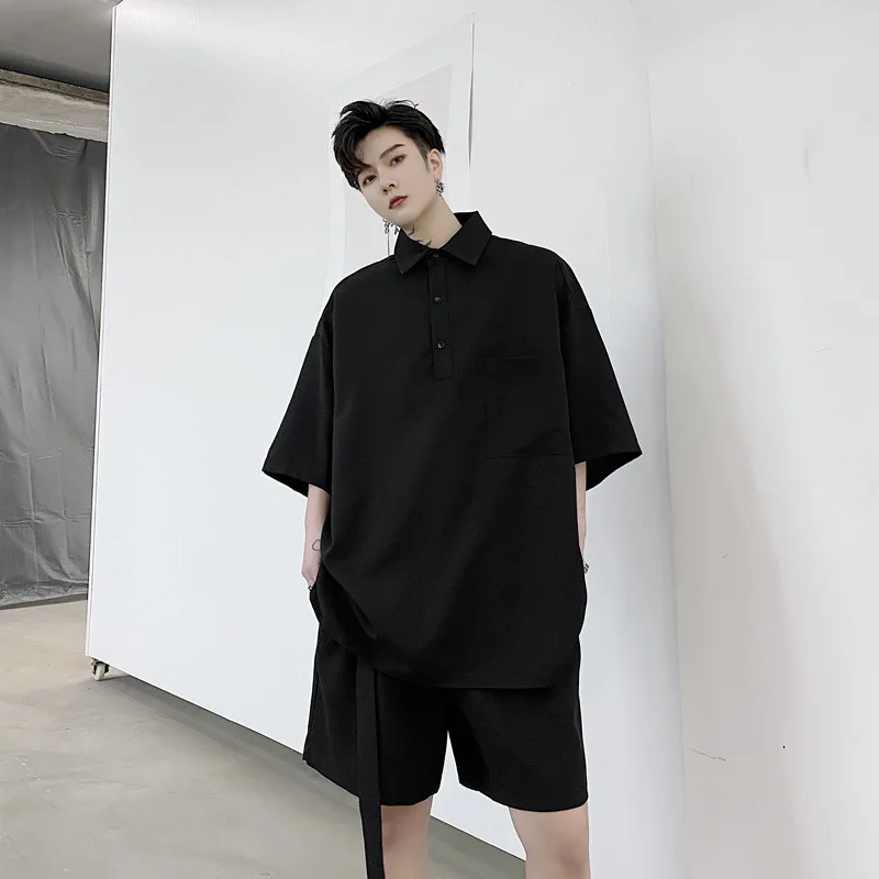 Large Summer Minimalist Style Loose Short Sleeve Pullover Shirt Fashionable Young Men Fashion Simple Lapel Casual Black Top